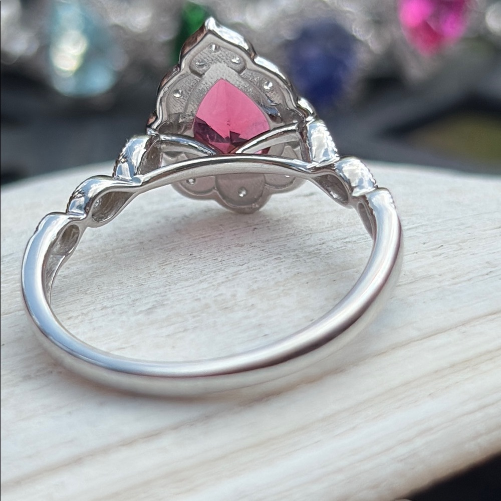 Pear Cut 1.25 tcw Genuine Pink Sapphire & Diamond Ring Sterling Silver Size 7 - Picture 6 of 15